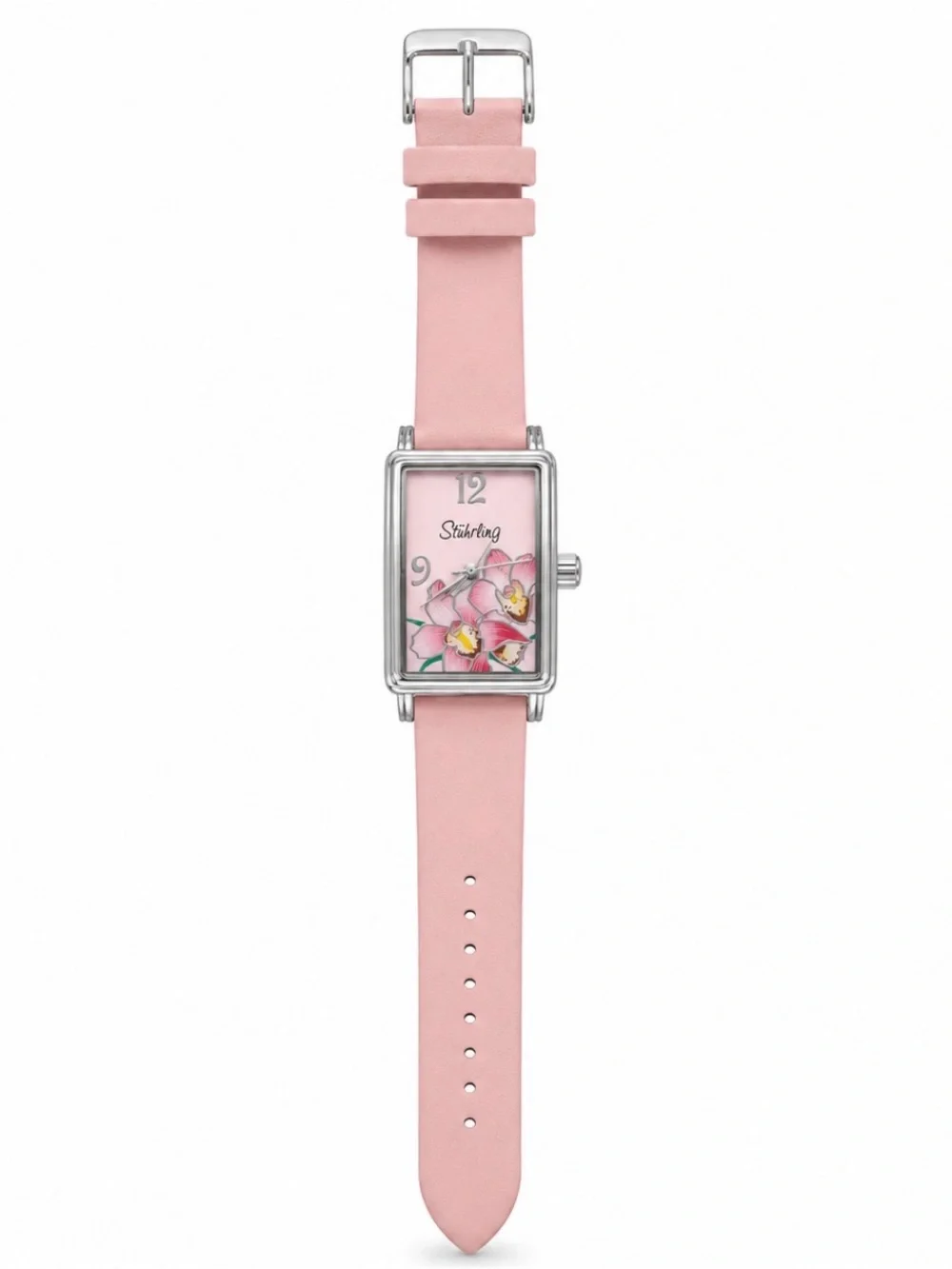 Stuhrling Original Pink Floral Rectangular Watch with Silver Case
